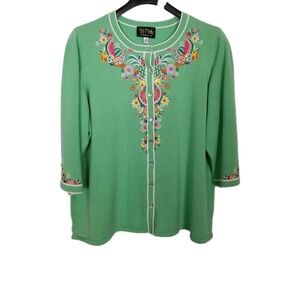 Bob Mackie Women Cardigan Sz 2X Wearable Art Green Embroidered Button Up Boho